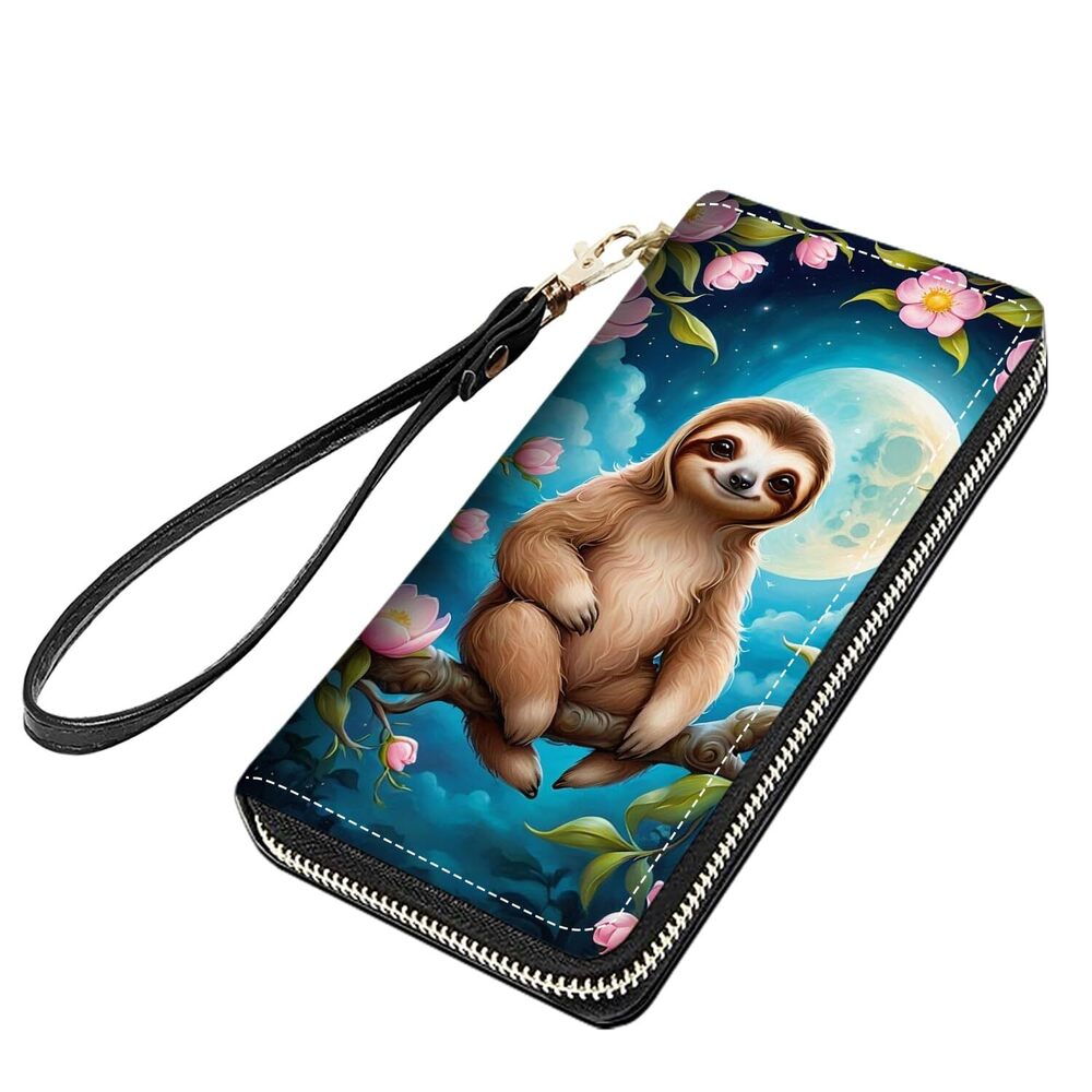 6192 Cute Sloth Print Large Capacity PU Leather Zip Around Wallet